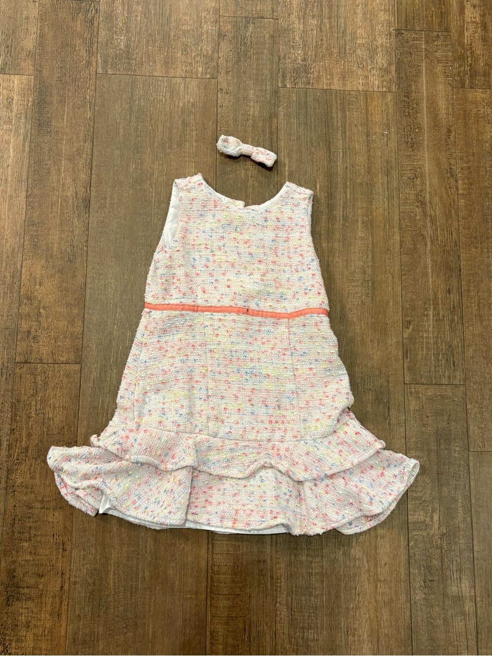 Janie and Jack White Speckled Knit Ruffle Dress with Pink Trim and Headband